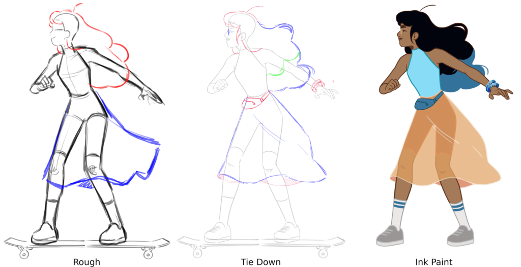 The different steps of fabrication : rough, tie-down, and clean sketches.